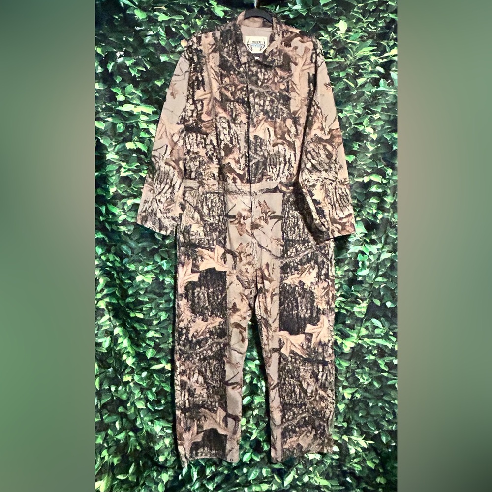 Vintage Deer River Camouflage Coveralls Camo Brown Black Zip Front Men’s XL